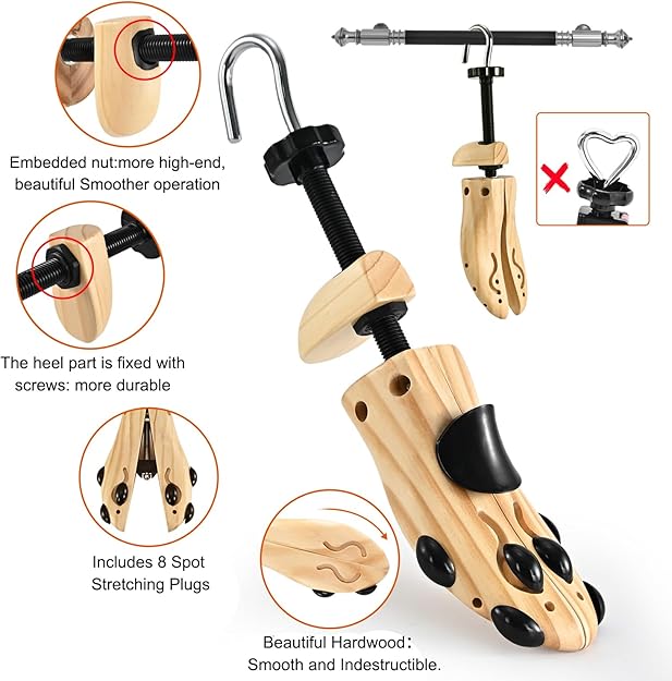 Shoe Stretcher for Women Men, Pair 4-Way Wooden Shoe Expander & Widener for Adjustable Length & Width
