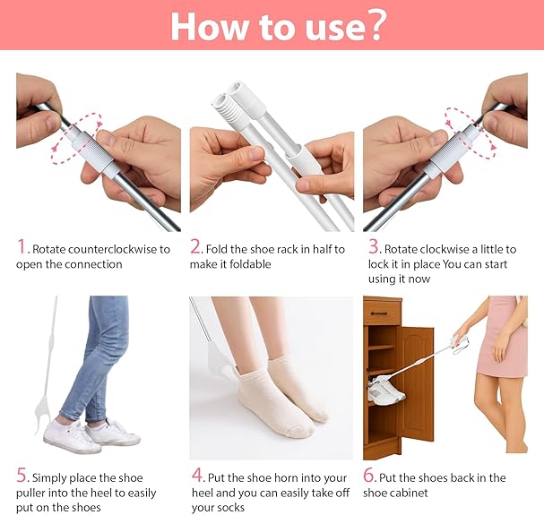 VIVEBEI Shoe Horn Long Handle with Reacher Grabber and Sock Removal Aid – 26.8" Foldable Shoe Horn for Seniors, Men, Women, and Kids